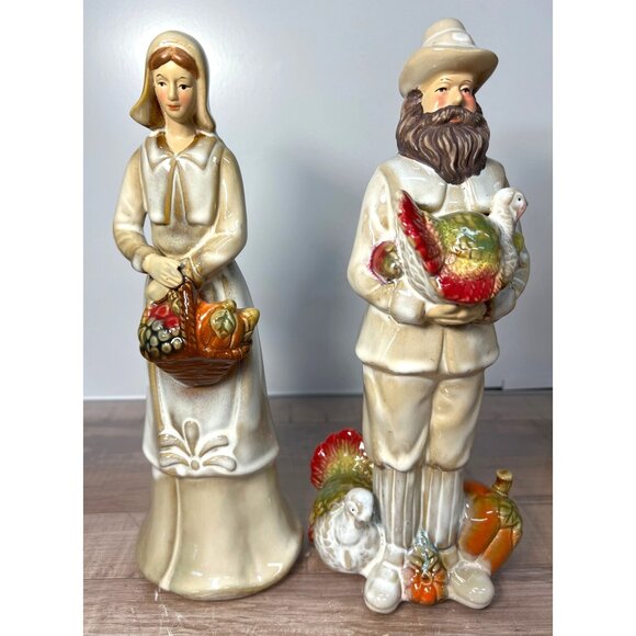Vintage Ceramic Thanksgiving Pilgrim Figurines Set Of 2 Large - Picture 1 of 6